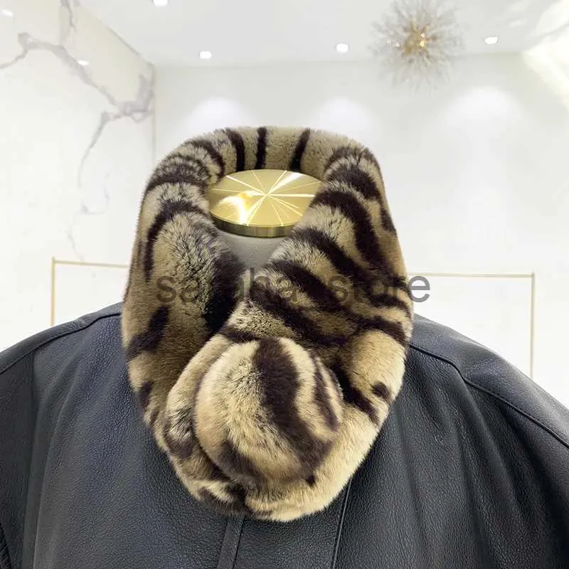 Scarves Real Rex Rabbit Fur Scarf Fluffy Leopard Print Neck Warmer New Winter Wraps 10 Colors Women Muffler Gift J231204