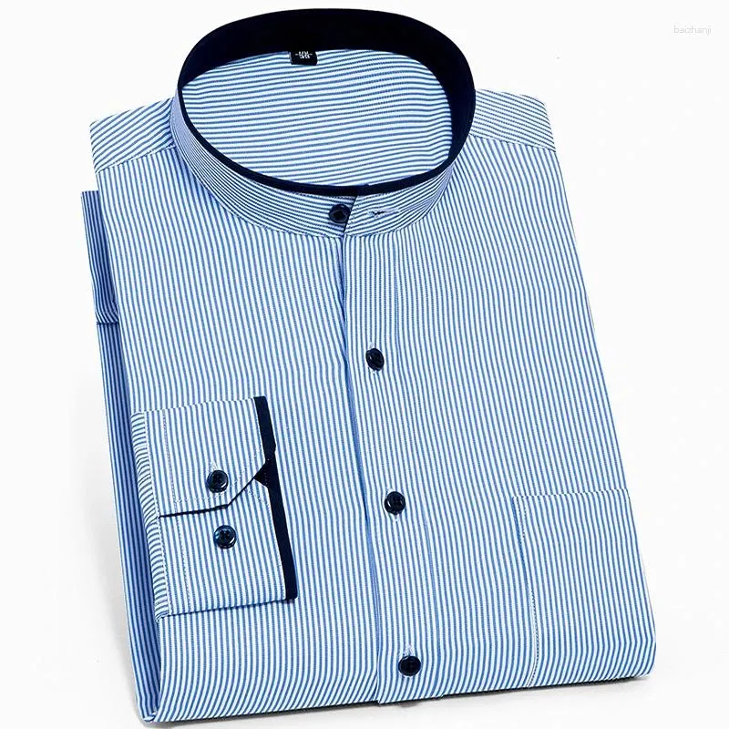 Men's Dress Shirts Men Vertical Striped Casual Regular Fit Non-Iron Front Pocket Shirt Male Business Madarin Collar Long Sleeved Mens