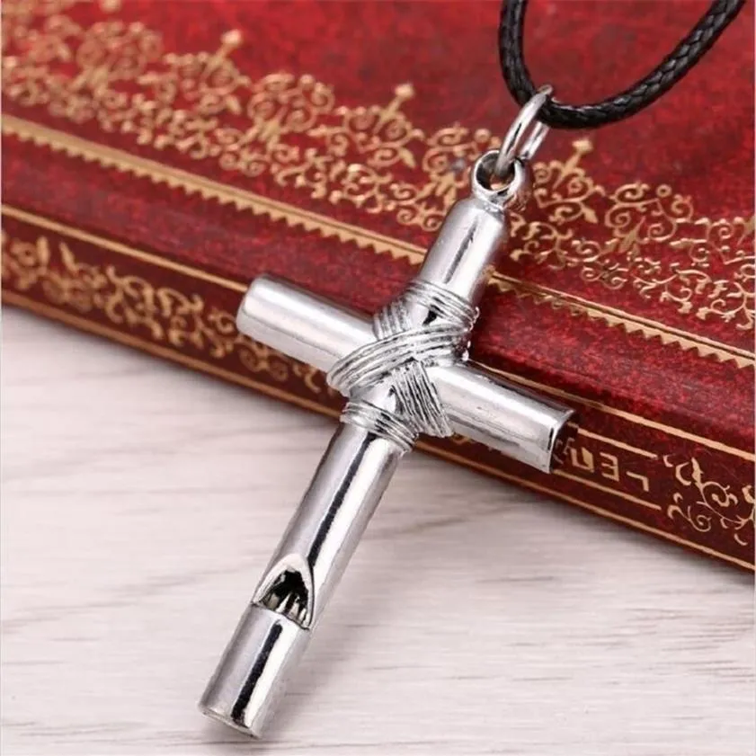 10pcs Men Women Whistle Steel Cross Pendant Necklace with Leather Rope fashion jewelry necklace 201014314C