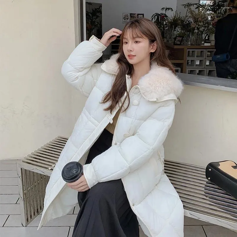 Women's Trench Coats Korean Long Cotton Coat Faux Fur Collar Parka Winter Thicken Warm Solid Color Puffer Jacket Female Casual Outerwear