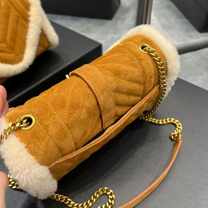 Brown Suede Shearling Chain Bag Women Crossbody Envelope Bag Luxury Designer Handbag with Mirror Quality