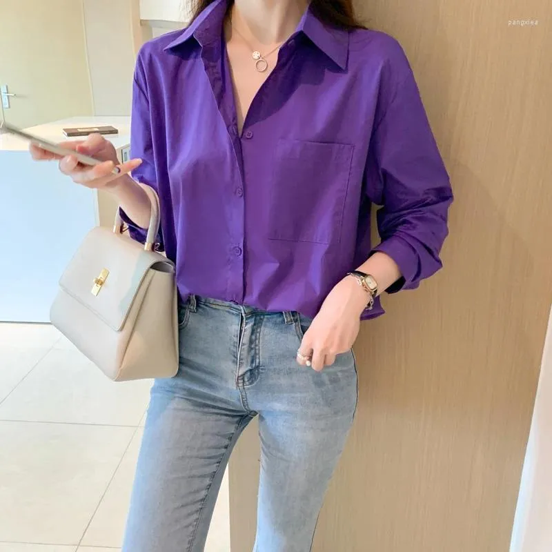 Blouses Femmes Femmes Violet Tuniques Poches Chemises de haute qualité Printemps Lâche Quotidien Casual Blouse Solide Femme Top Fashion 9 couleurs