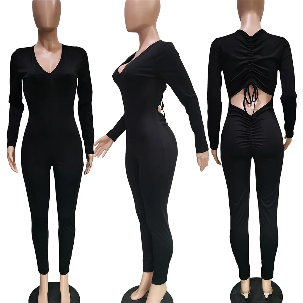 Designer Jumpsuits Women Long Sleeve Bodycon Rompers Sexy V neck cut out Jumpsuits Skinny One Piece Drawstring Leggings Casual Overalls Wholesale Clothes 9207