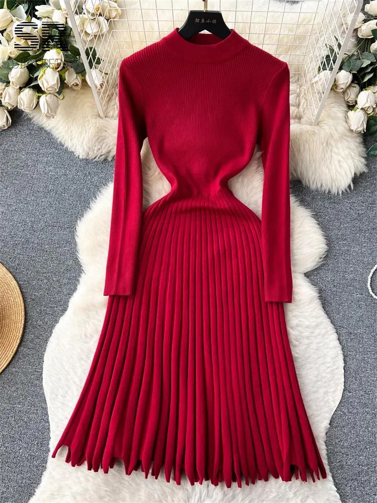 Casual Kleider SINGREINY Winter Stricken Plissee Kleid Frauen Solide Elegante O Hals Langarm Weiche Damen Mode Warm Slim Midi