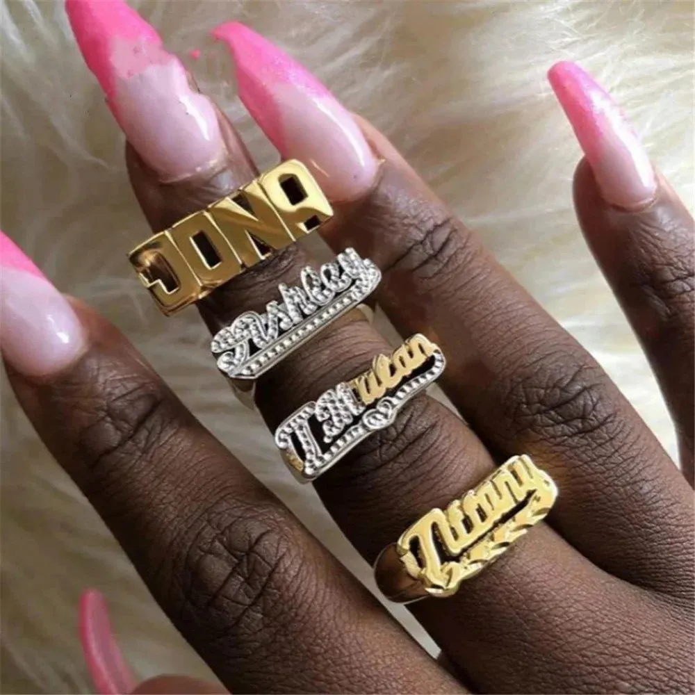 Wedding Rings Custom Double Layers Nameplate Ring Hip Hop Women Two Color Name Ring Retro Jewelry For Gift Drop 231204