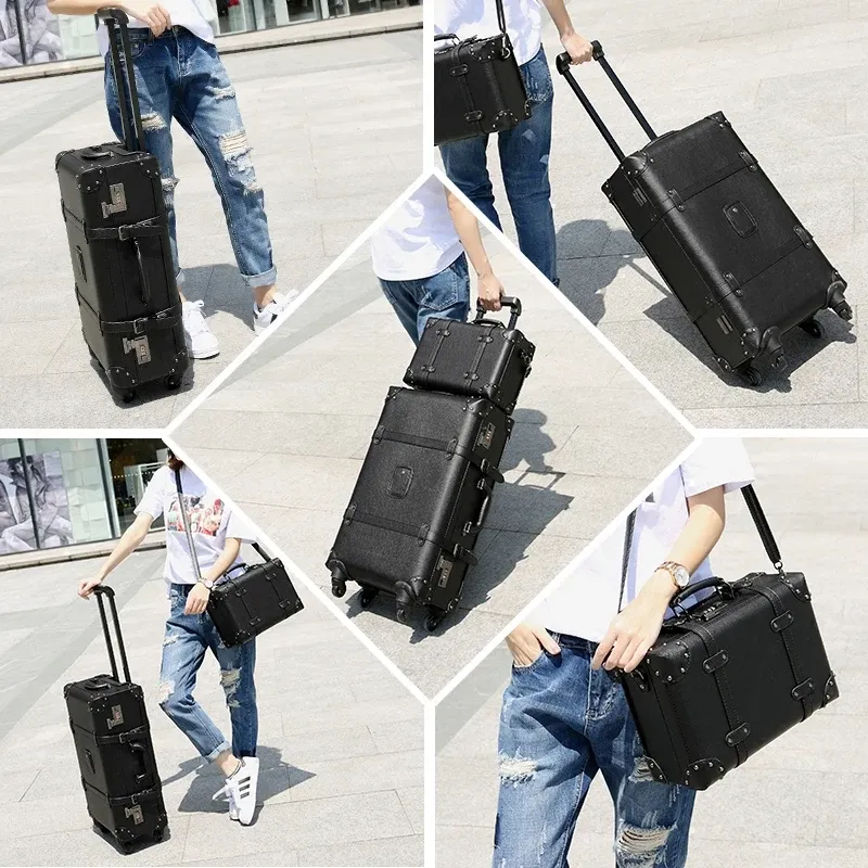 Neue Retro Rollgepäck Spinner Vintage Leder Koffer auf Rad Frauen Trolley Reisetasche Männer Stamm Handgepäck handtasche