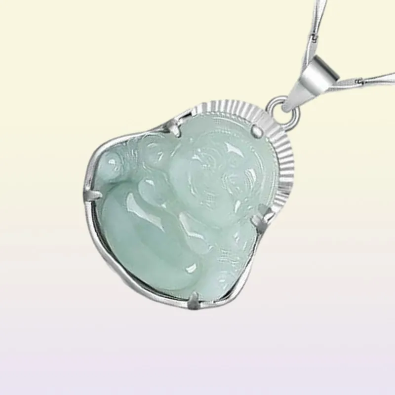 Argent incrusté jade bouddha naturel un pendentif de marchandises avec collier sterling MAITREYA BOUDDHA5741560
