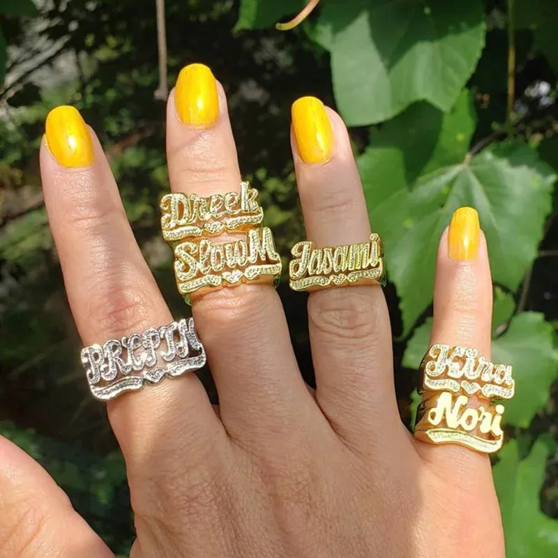 Anéis de casamento personalizados anéis de nome personalizado para homens anel inicial personalizado hip hop 18k anéis banhados a ouro para mulheres presente de natal 231204