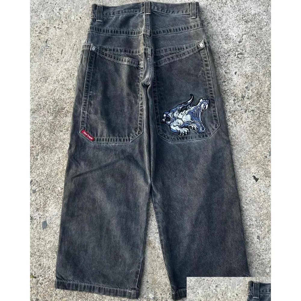 Jeans masculinos homens streetwear jnco y2k hip hop desenhos animados impressão gráfica vintage baggy calças pretas homens mulheres cintura alta calças largas perna dhtj9