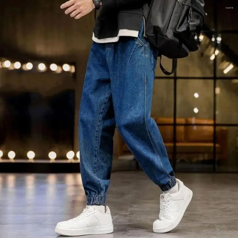 Erkek kot pantolon esnek bel gevşek elastik ayak bileği bantlı tasarım derin kasık renksiz cepler erkekler için gündelik