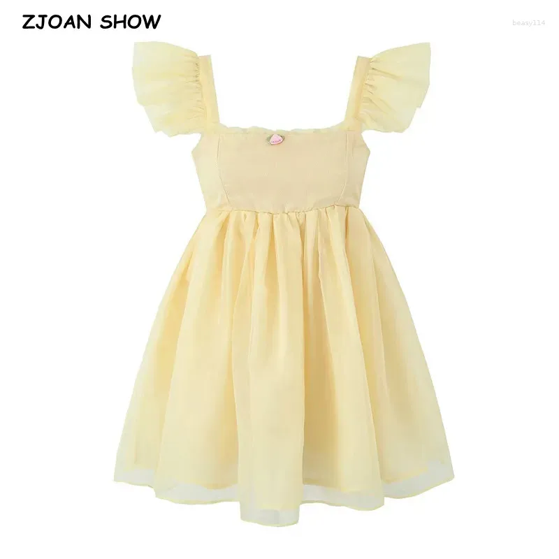 Casual Dresses 2023 Sweet Women Yellow Ruffles Wood Ears Strap Tank Organza Dress Sexy Corset Style Small Flower Square Collar Sling Mini