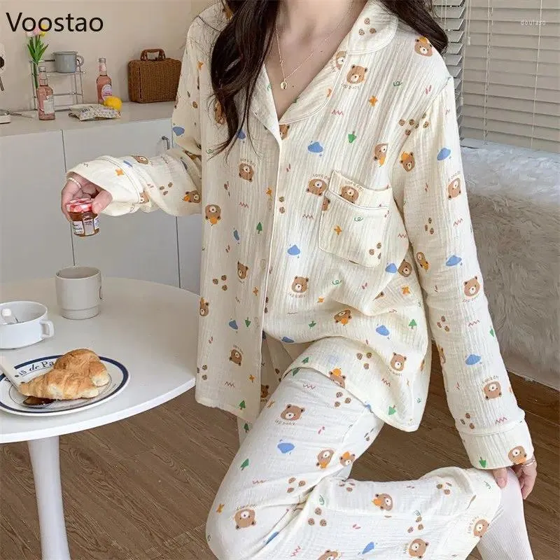 Pyjama imprimé ours de dessin animé pour femmes, vêtements de nuit, coréen, Kawaii, manches longues, ensemble 2 pièces, goutte