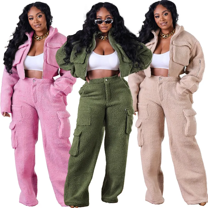 Designer Winter Fleece Tracksuits Women Warm Two Piece Sets Long Sleeve Jacket Wide Leg Pants Casual Polar Sweatsuits Bulk Wholesale Warm Clothes 10386