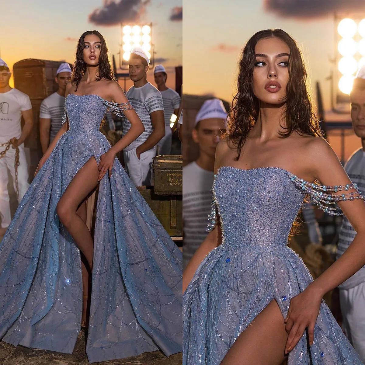 Off-Shoulder Crystal prom dress with Pearls and Beading, Pleats, and Side Slit Off-Shoulder Crystal prom dress with Pearls and Beading, Pleats, and Side Slit