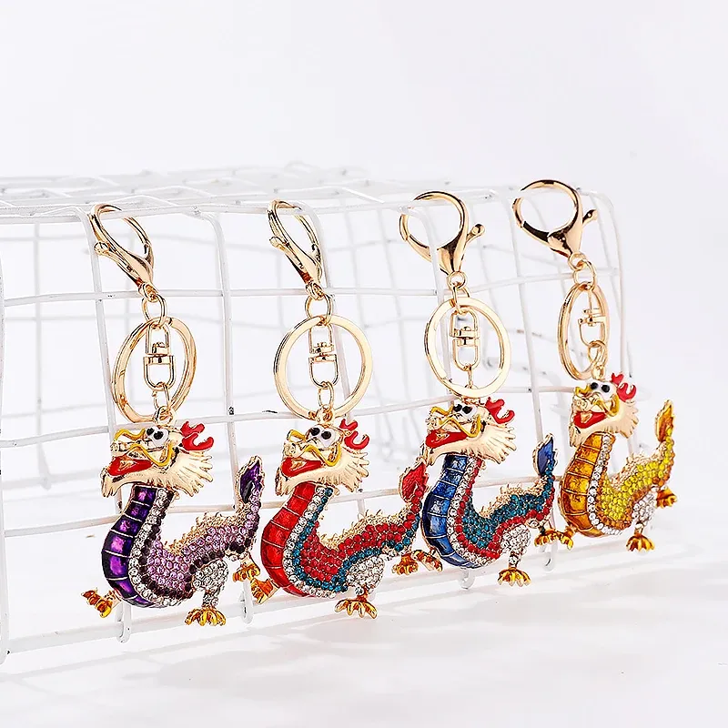 New Cartoon Rhinestone Chinese Zodiac Dragon Pendant Keychain Men's Key Ring Accessories Women Men Bag Accessories Gifts