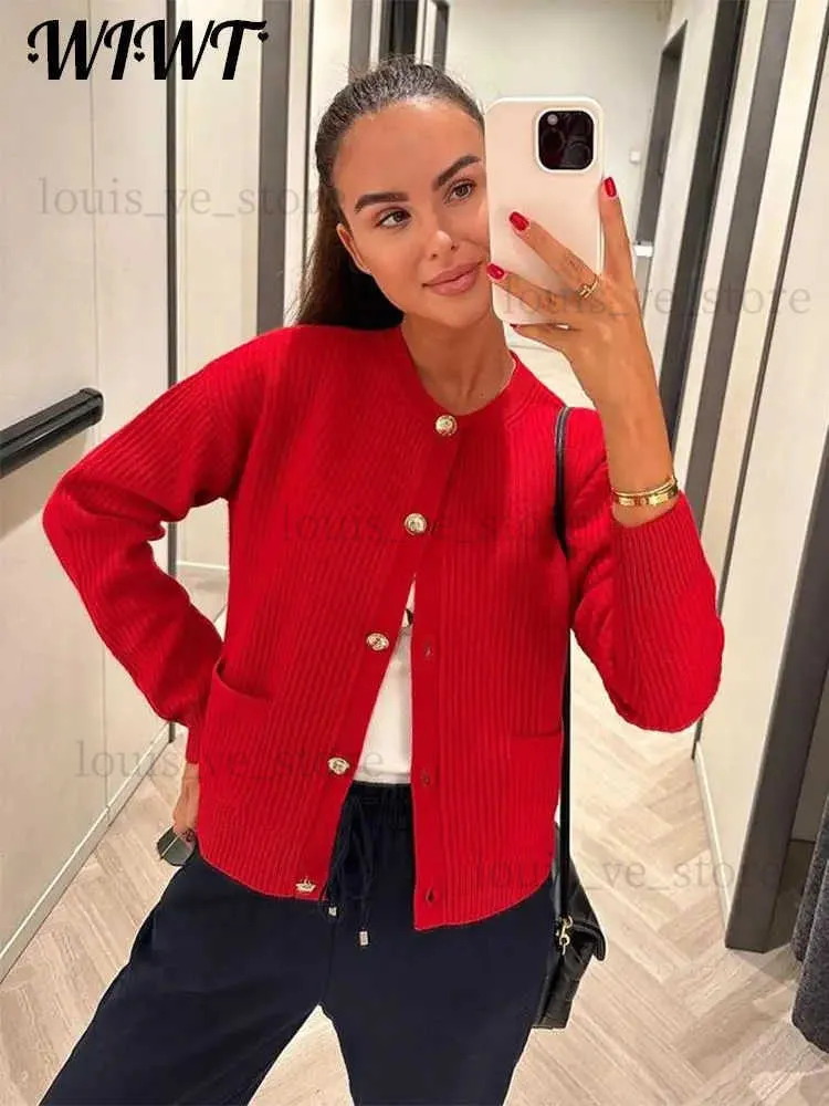 Frauenpullover Weihnachten Rot Stricken Frauen Strickjacke 2023 Herbst Elegante Oansatz Langarm Einreiher Pullover Mode Büro Dame Tasche Mantel T231204