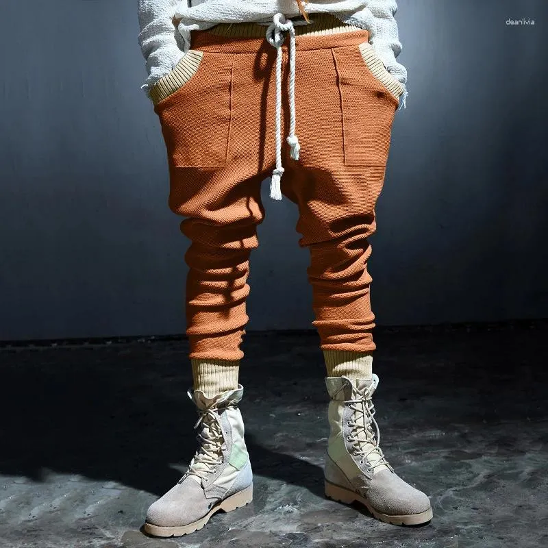 Pantaloni da uomo Streetwear Cuciture Tweed Retro 2023 Metà di Vita Con Coulisse Cargo Pantaloni Lunghi Abbigliamento Uomo Casual Elastico Tasca Maschile Pantaloni