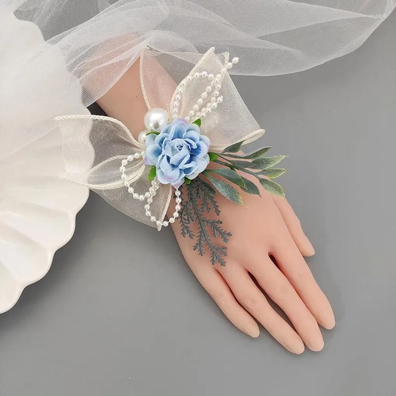 Braccialetti con ciondoli Tessuto Fiori a mano Donna Damigella d'onore Fiore Polso Corpetto Nuziale Prom Boutonniere Raso Rosa Perla Bracciale Matrimonio