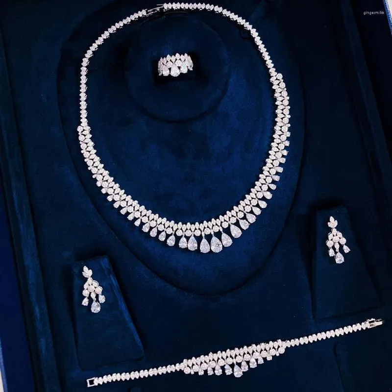 Set di orecchini e collana TIRIM Set da 4 pezzi per donna Gioielli con zirconi con goccia d'acqua Accessorio per fidanzamento con feste saudite di Dubai