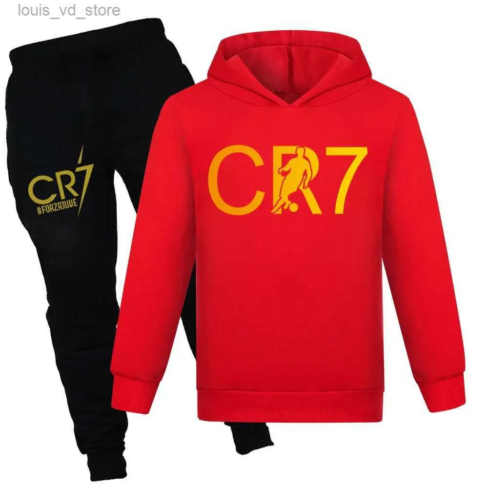 مجموعات الملابس CR7 Series Cloths Kids Autumn Crump Wooded Set Boys Portugal Cootball 7 Tracksuit Sportswear Hoodies Pant Costume Children's Clothing T231204