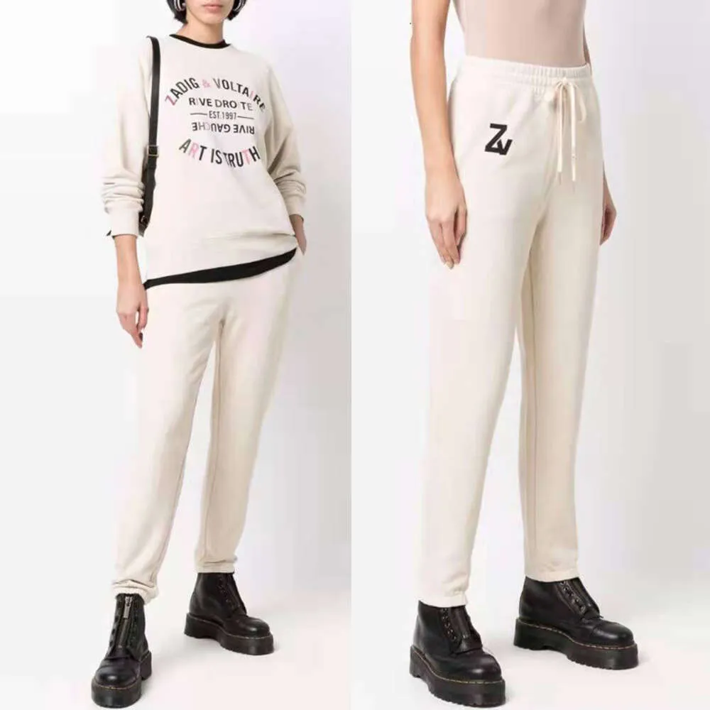 24SS Zadig Voltaire Women's Pants Alphabet Print Elastic Waist Drawstringインナーフリースストレートスポーツ女性パンツ