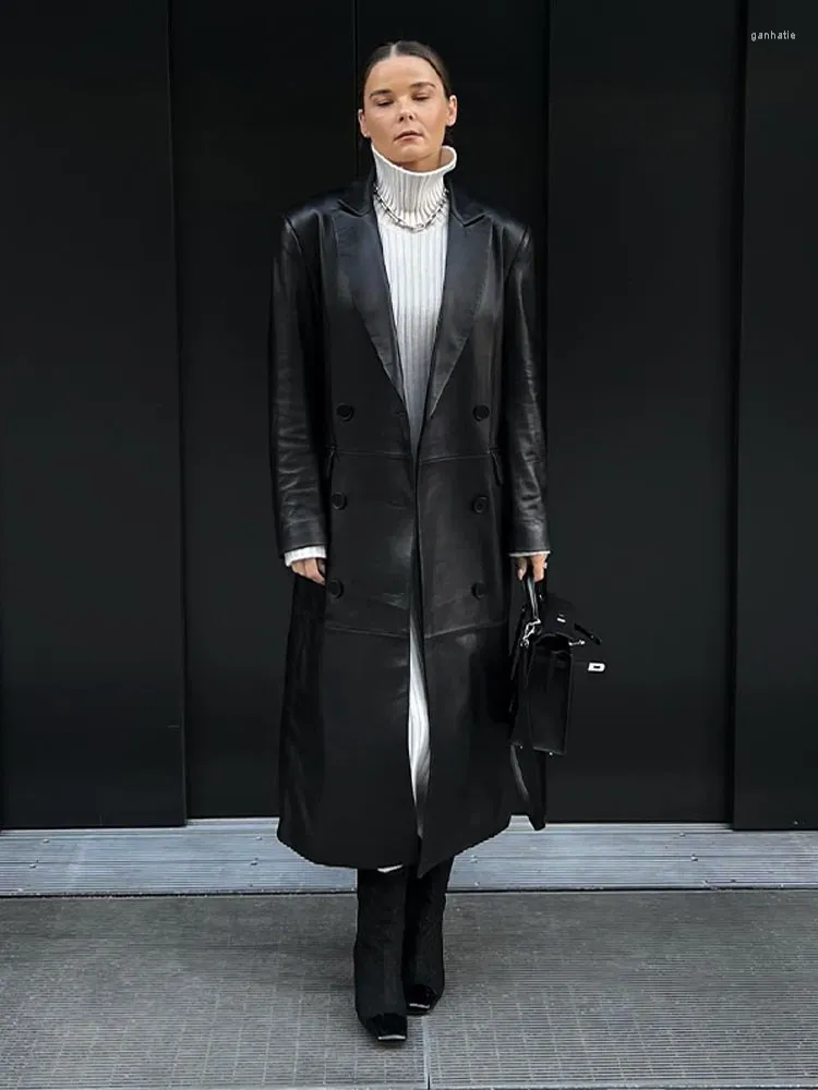 Trench-Coat en cuir Pu pour femmes, noir, simple boutonnage, manches longues, veste ample décontractée, vêtements d'extérieur chics, hiver 2023