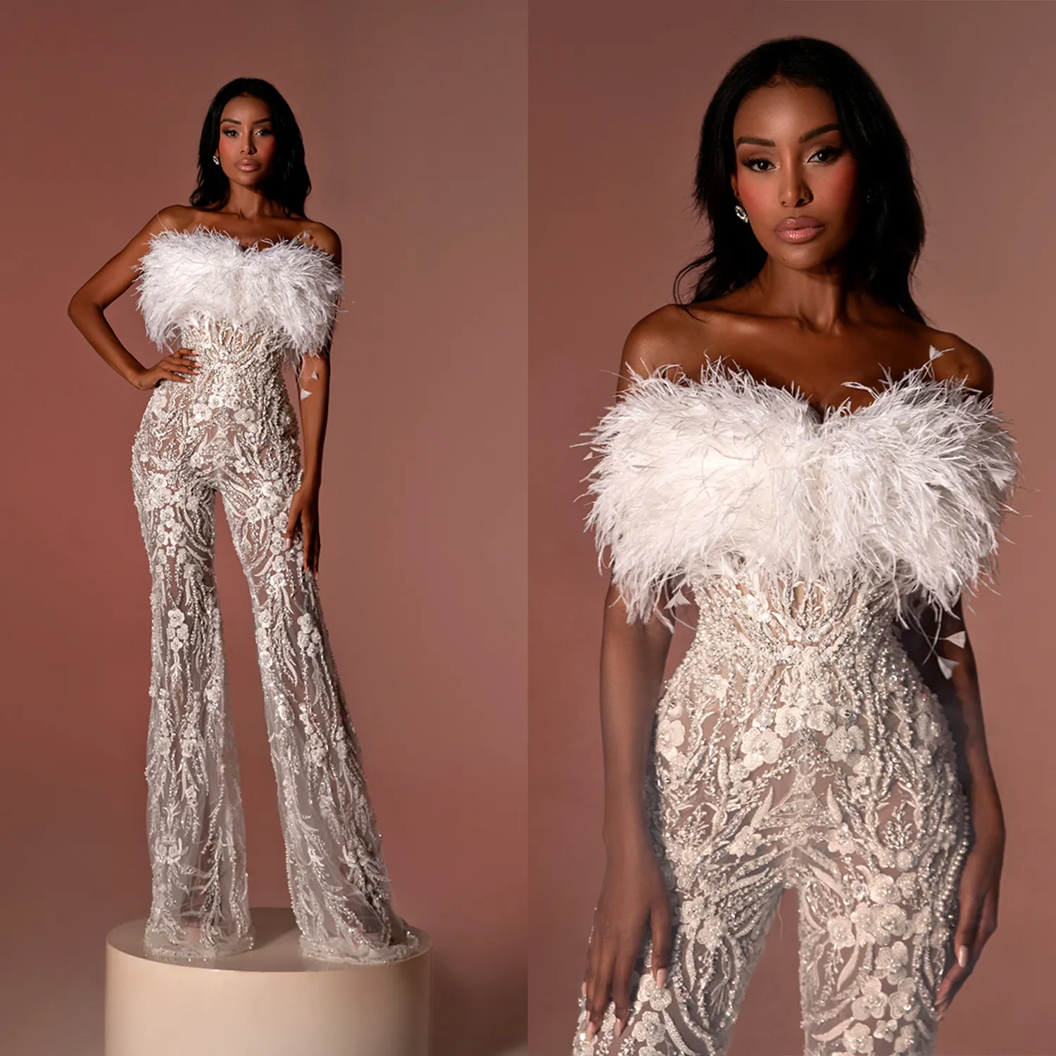 Fashion Feather Wedding Scossuit Długość podłogi bez ramiączek.