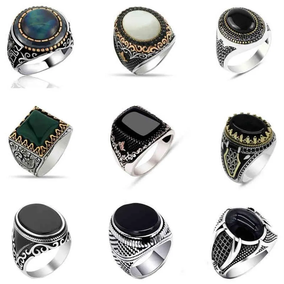 30 styles Vintage fait à la main chevalière turque pour hommes femmes antique couleur argent noir Onyx pierre Punk anneaux bijoux religieux294S