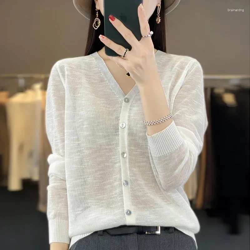 Women's Knits 23 Summer Solid Color V-Neck Knitted Sun Protection Cardigan Ice Silk With Shawl Loose Everything Thin Coat