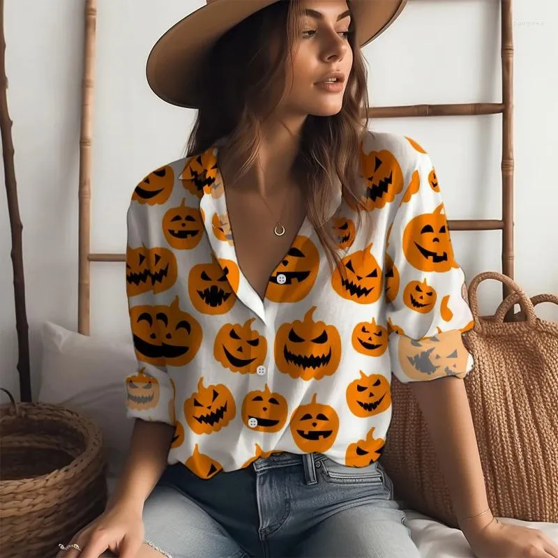 Camicette da donna Camicia a maniche lunghe stampata 3D personalizzata di Halloween Primavera e autunno Bottone moda Harajuku di alta qualità