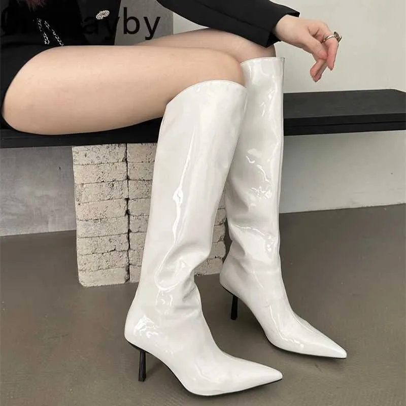 warmer Hiver Sexy Talon Haut Femmes Bottes Longues Mode En Cuir Verni Dames Élégant Sans Lacet Genou Bottes Hautes Chaussures Bout Pointu Pompes