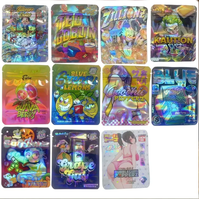 2024 Yeni 3.5 mylar baggies holografik guavachio delce de guava berry kaution joker zillionz runtz fumi ördek sosu weet n ekşi özel 1/2 1/4 1/8 oz 1lb pound