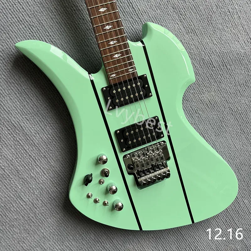 Left Handed B Rich Light Green Electric Guitar Floyd Rose Tremolo Bridge Diamond Inlay Chrome Hardware