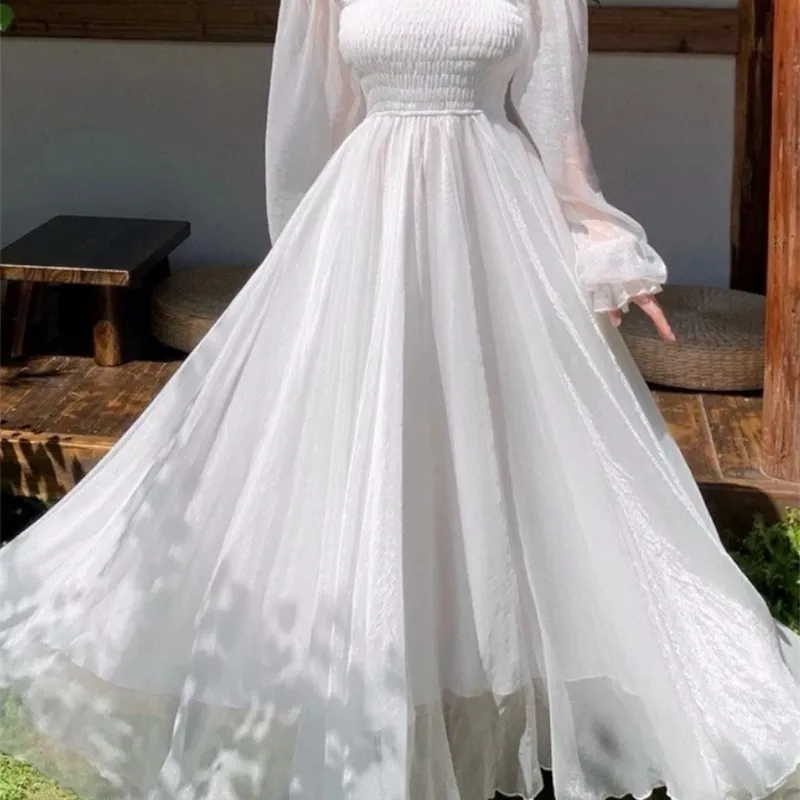Stedelijke sexy jurken Horetong elegante maxi voor dames wit off-shoulder bladerdeeg lange mouw elastische hoge taille feestjurk ruche vakantiejurk 231202