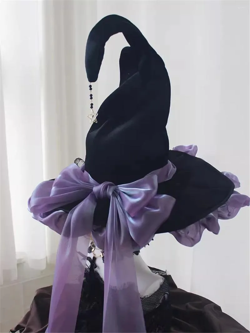 Chapeaux pointus de sorcière en dentelle faits à la main, fournitures de fête, chapeau de magicien avec nœud papillon, accessoires de Costume de Cosplay gothique Lolita pour adultes, Halloween