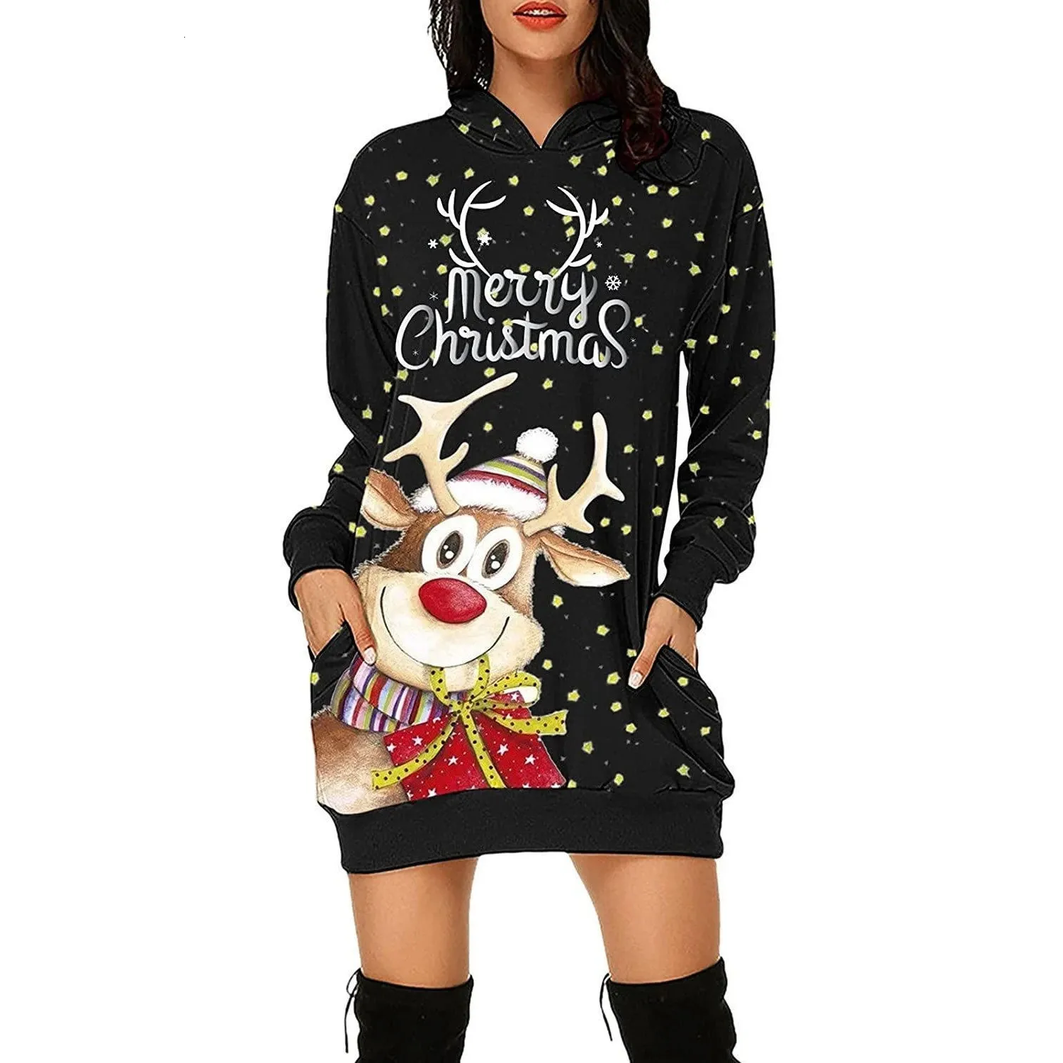 Urban Sexy Dresses Europe America Autumn Womens Printed Santa Claus Deer Christmas Hooded Skirt Dress Casual Women Polyester Fibre Hoodies Dresses 231204