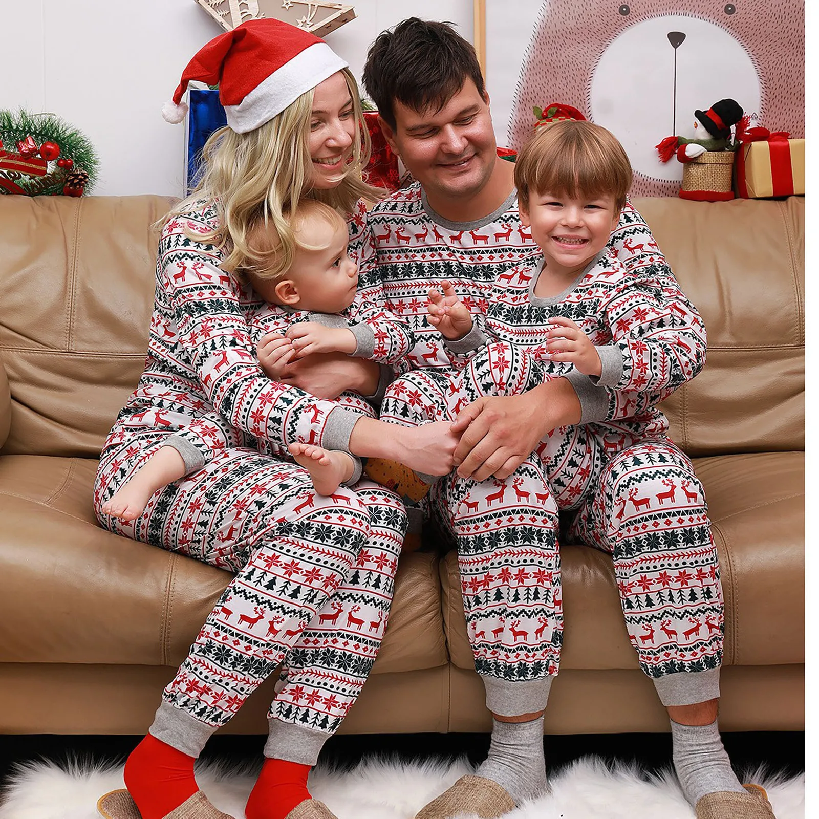 Passende Familien-Outfits, Weihnachts-Familien-Passanzug-Set, Mama, Papa, Kinder, Elch-Druck, 2-teiliger Anzug, Baby-Strampler, weiche Nachtwäsche, Familien-Look, Weihnachtsgeschenk 231121