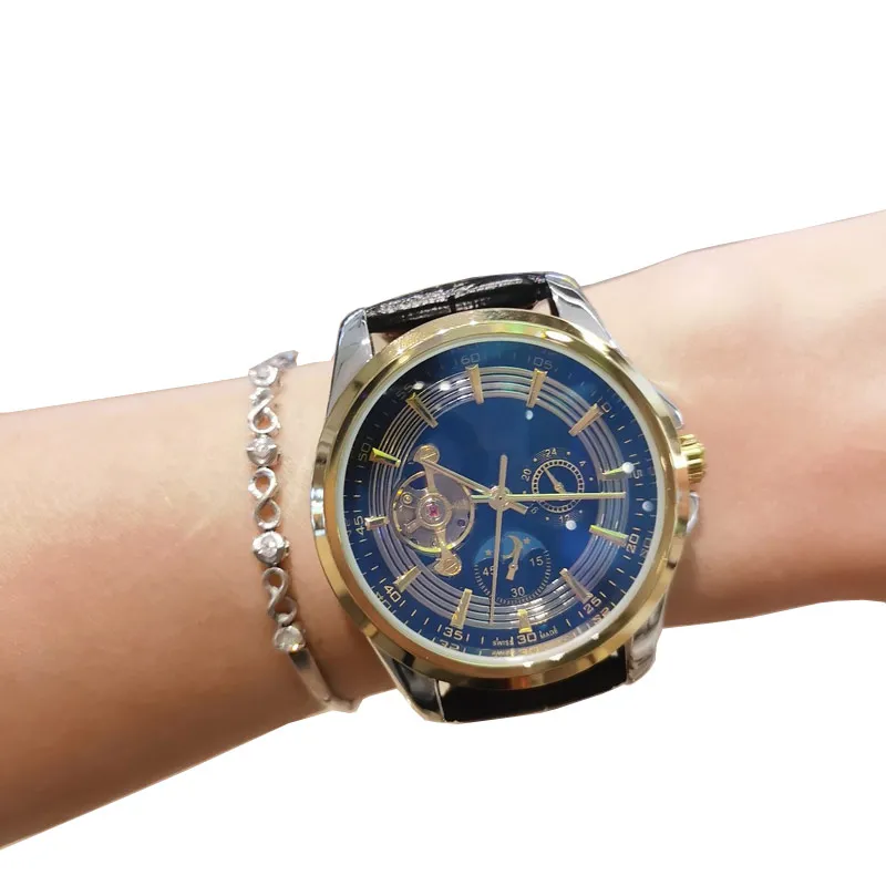 Relógios masculinos de ouro de luxo Moon Phase Top marca moda masculina relógio mecânico automático pulseira de couro 42mm relógios de pulso volante à prova d'água para homem presente de natal