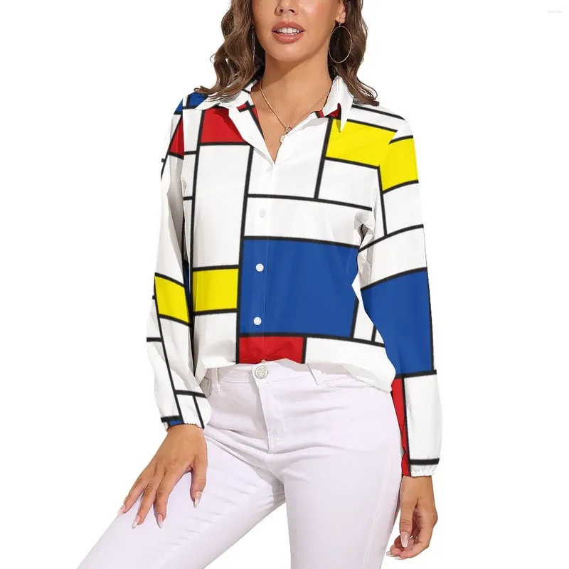 Dames blouses Mondriaan geometrie losse blouse moderne kunst Street Fashion oversize vrouwen lange mouwen grappig shirt herfst aangepaste top