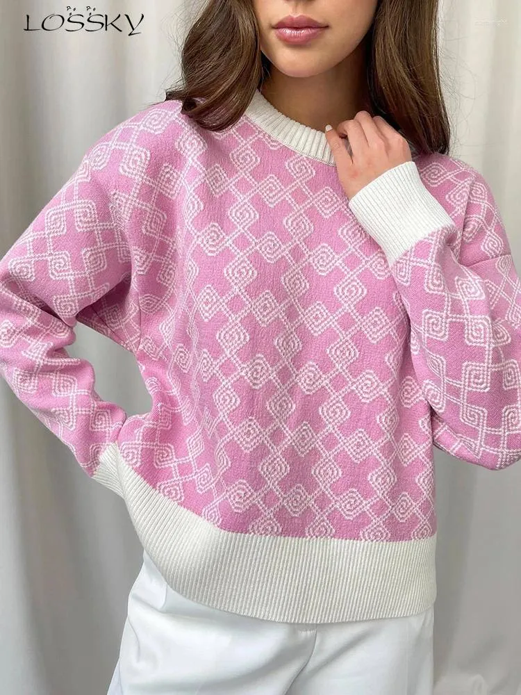 Damestruien Herfst Winter Geruite trui Damesmode Gebreide tops met lange mouwen Roze O-hals truien Casual los in gebreide kleding 2023