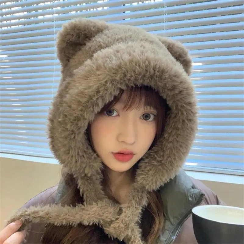 Berets Winter Hat Cozy Bear Ear Plush Hats For Women Children Thickened Warm Windproof Lace-up