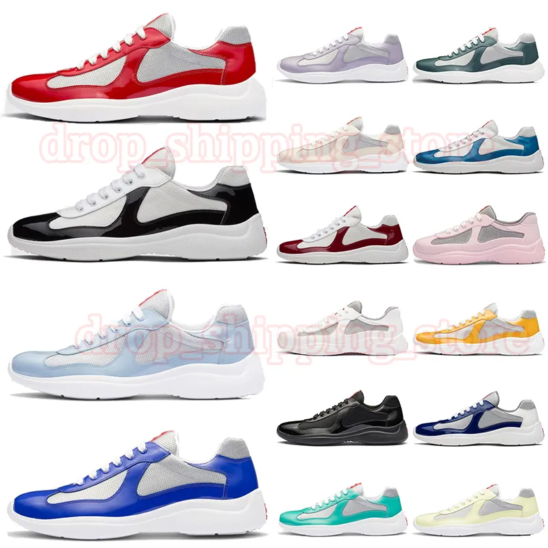 Luksusowy sneaker Americas Cup Outdoor Luksusowa Ameryka Niska czapka Czarna biała niebieska czerwona skóra patentowa dla mężczyzn kobiety swobodne buty gumowe podeszwy koronkowy dhgate 38-46