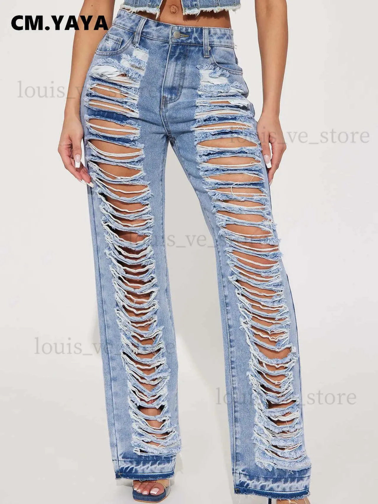 Damenjeans CM.YAYA Blue Denim-Hosen für Frauen 2023 Sommer Streetwear Fashion Cutout Ripped Hollow Out Wide Leg Straight Jeans Hosen T231204