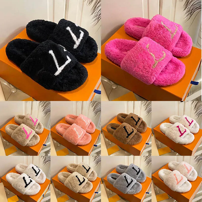 Womens Slippers wool Slides Winter fur Fluffy Furry Warm letters Sandals Comfortable Fuzzy Inverted triangular iron sheet Girl Flip Flop Slipper