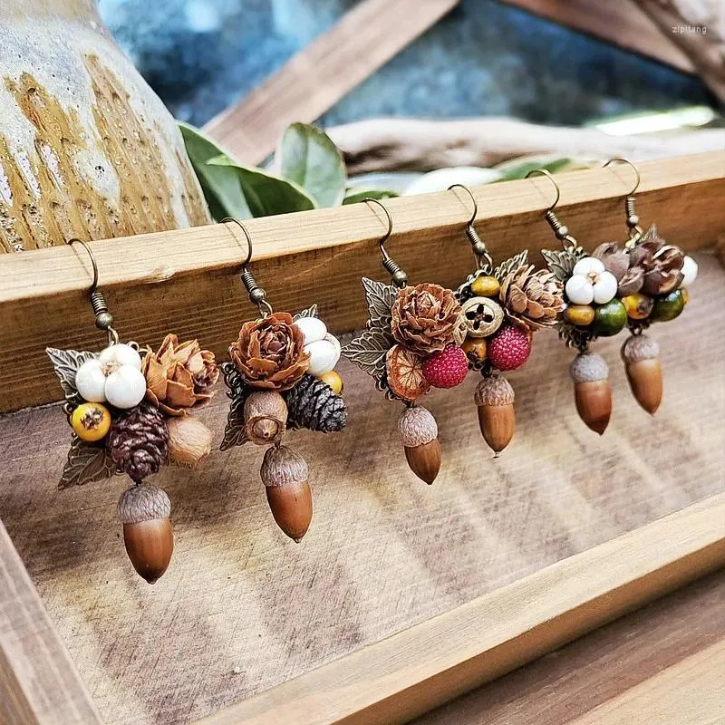 Dangle Oorbellen Vintage Houten Oorbel Unieke Gedroogde Eikel Voor Vrouwen Natuurlijke Dennenappels Retro Groothandel Houten Sieraden