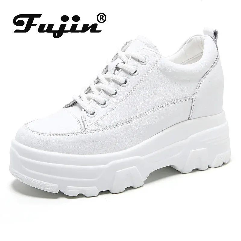 Chaussures augmentant la hauteur Fujin 8 cm en cuir microfibre femmes chaussures décontractées plate-forme coin talon caché chaussures d'été plate-forme grosses baskets mode blanc 231204