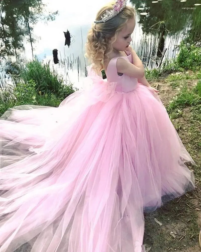 Girl Dresses Pink Tulle Flowers Girls Sleeveless Puffy Princess Pageant Country Gowns For Wedding Evening Bridesmaid First Communion