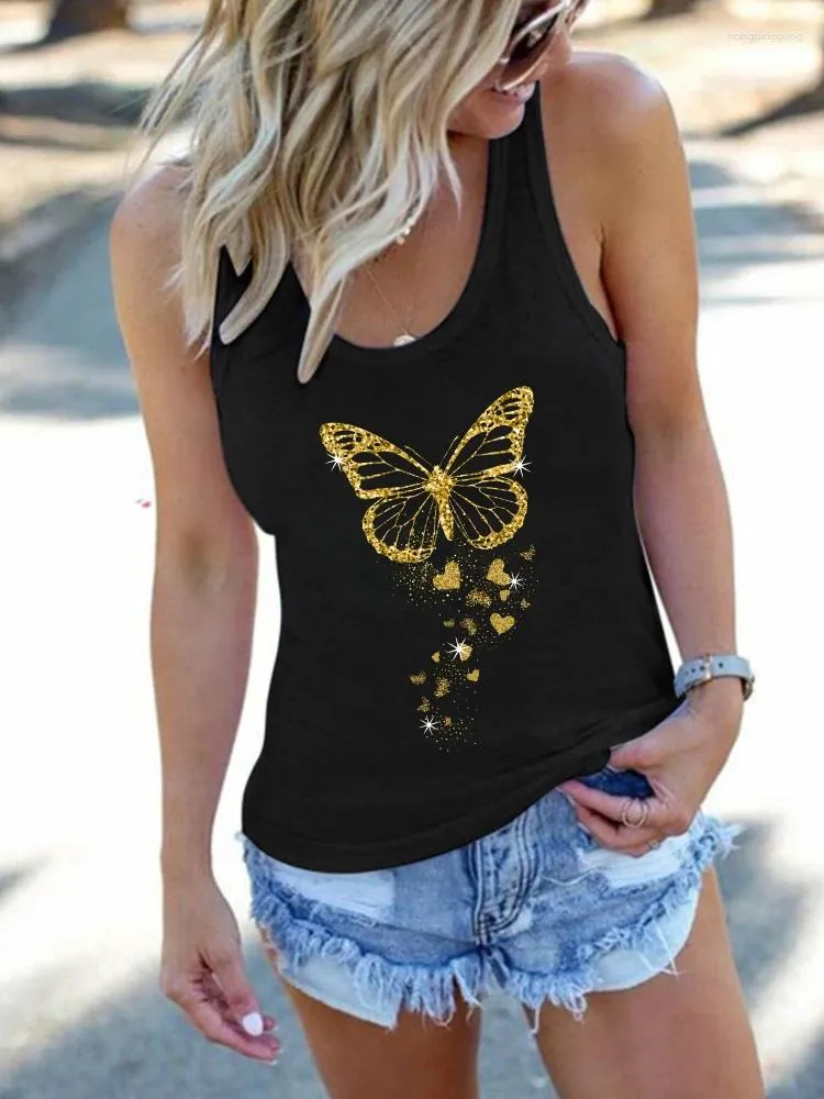 Czołgi damskie Seeyoushy Golden Butterfly Print Funny Women Tank Tops Modna kamizelka lat 90 -tych letnia koszulka Kobieta