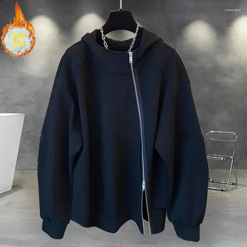 Sweats à capuche pour hommes hiver épaissi velours personnalisé diagonale fermeture éclair sweat à capuche à la mode lâche décontracté haute rue vêtements masculins