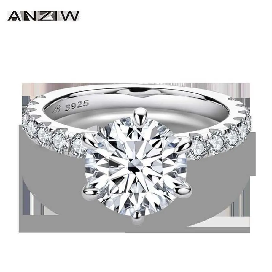 ANZIW 925 Sterling Silver 4ct Round Cut Ring for Women 6 Prongs Simulated Diamond Engagement Wedding Band Ring Jewelry272n